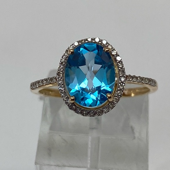 10K Yellow Gold Oval Shape Swiss Blue Topaz and Diamond Halo Ring Size 7 NEW